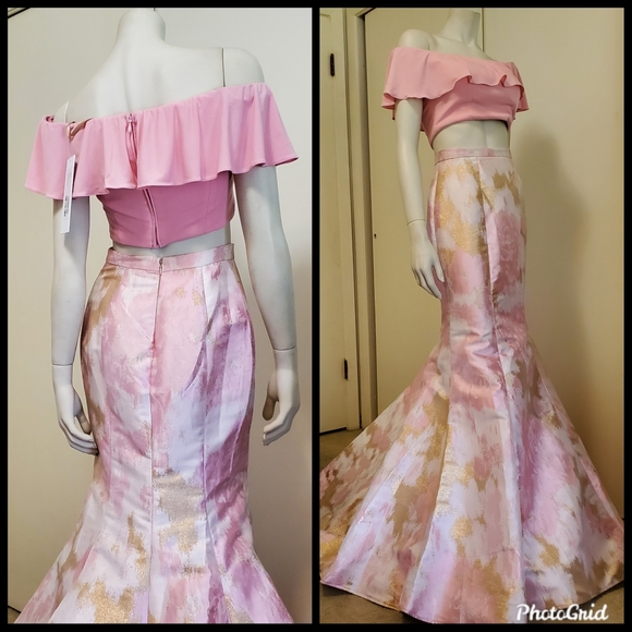 NWT Jovani Two Piece Pink Metallic Mermaid Prom Gown Size 2 - Picture 2 of 16